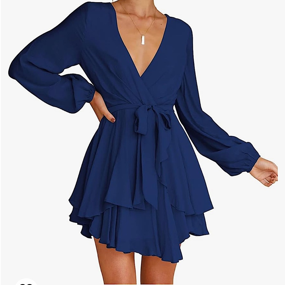 Cosonsen Women’s V-Neck Long Sleeve Ruffle Mini Swing Skater Dress